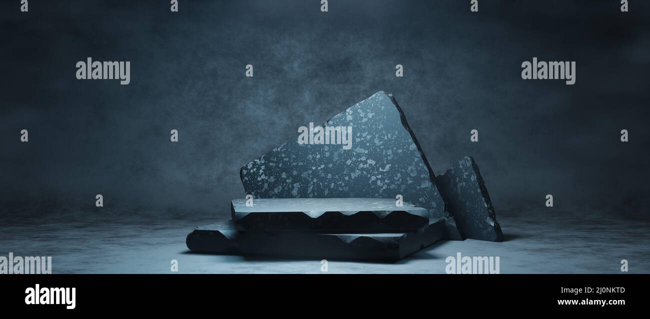 Pianeggiante palco nero terrazzo podio con parete di marmo sfondo in lussuoso studio scena. Moderno showroom interno 3D rendering Foto Stock