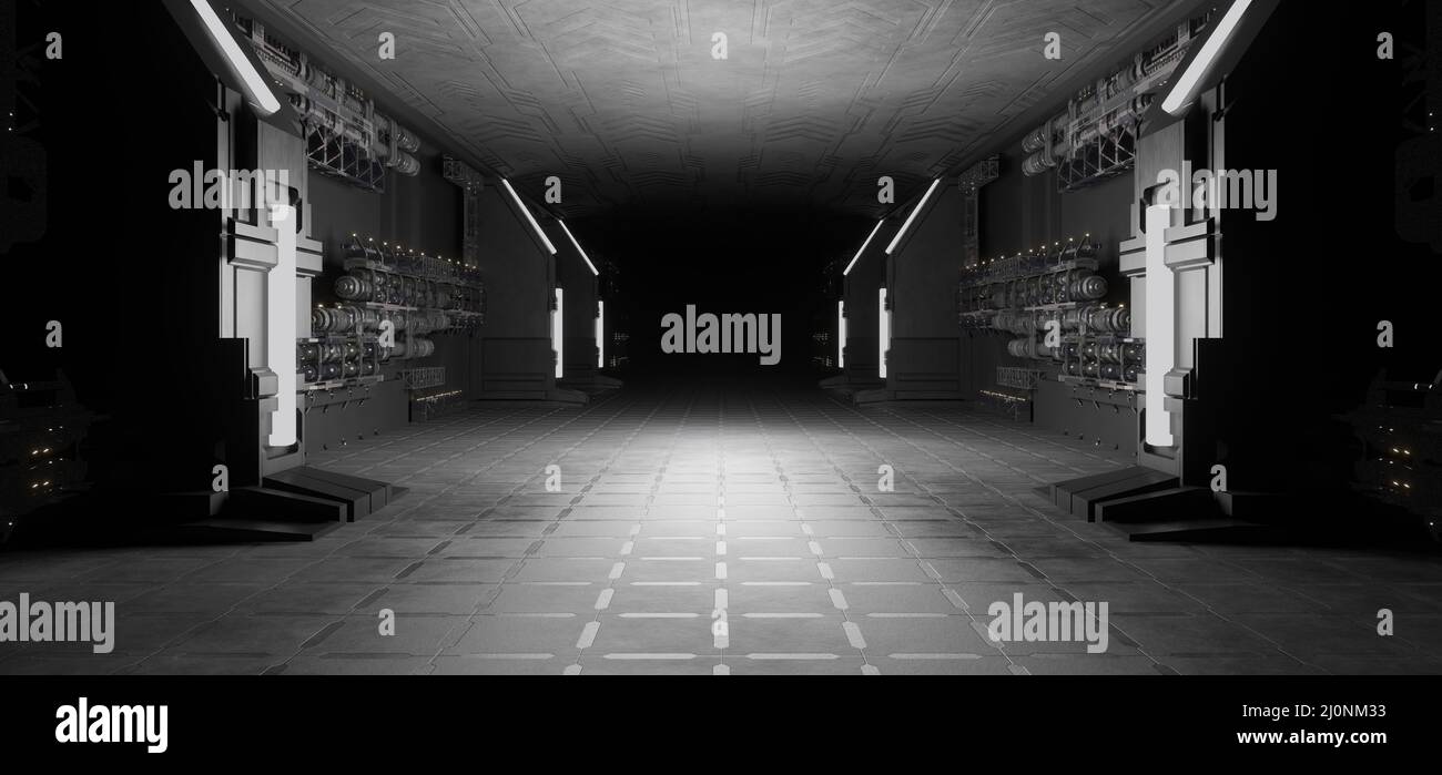 Corridoio sci-Fi Hangar seminterrato corridoio sotterraneo rivoluzionario Light Gray colori Sci Fi sfondo surreale futuro usato per le presentazioni 3D Render Foto Stock