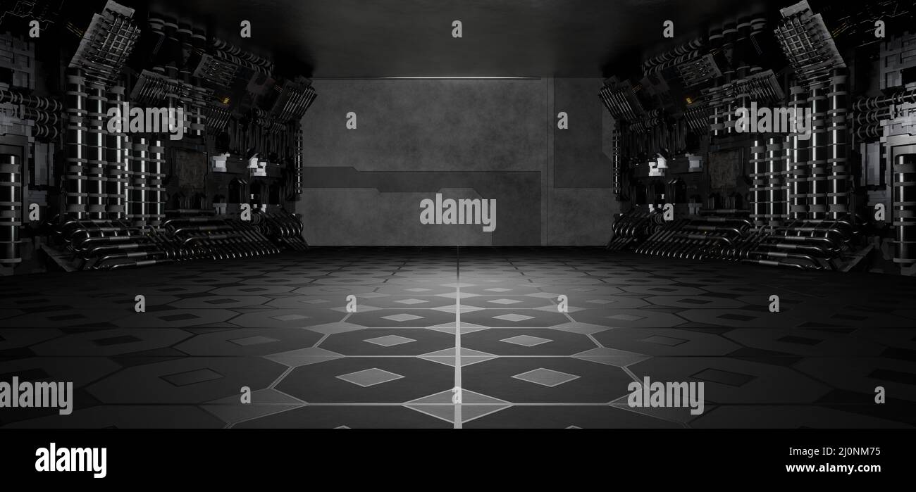 Vuoto futuristico corridoio vuoto Camera Garage Studio Danza incandescente impressionante luce grigio Gaming Wallpaper concetto di piedistallo per Web Banner o Heade Foto Stock