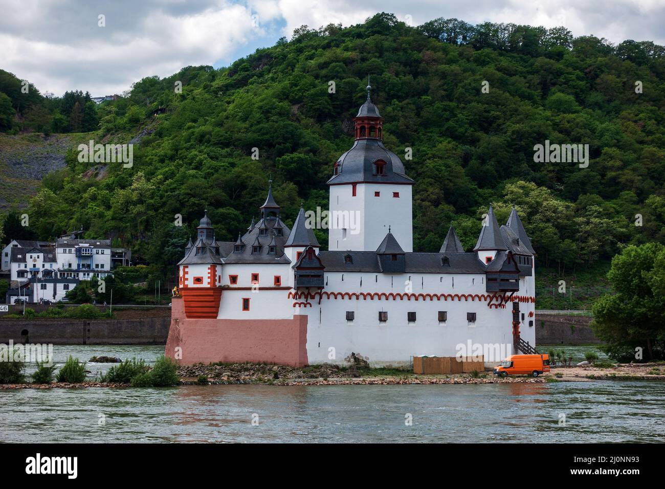 Vista panoramica del Castello di Pfalzgrafenstein nel Reno vicino a Kaub in Germania. Foto Stock