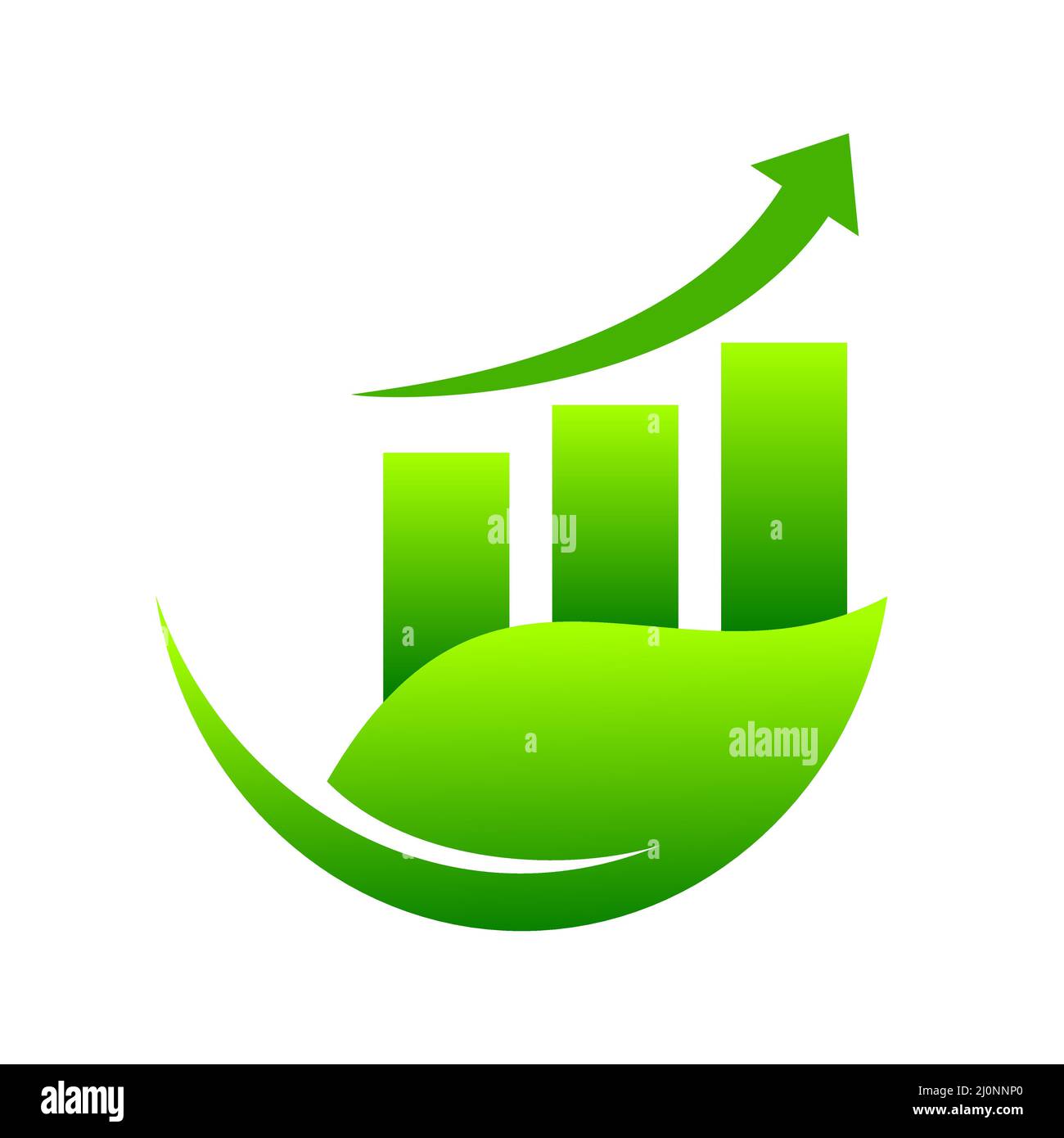 Grafico di avanzamento con un'icona a forma di foglia. Crescita dell'azienda con una freccia rivolta verso l'alto. Green eco finanza bar. Sistema di scambio del credito al carbonio. Investimento di successo. Vettore Illustrazione Vettoriale