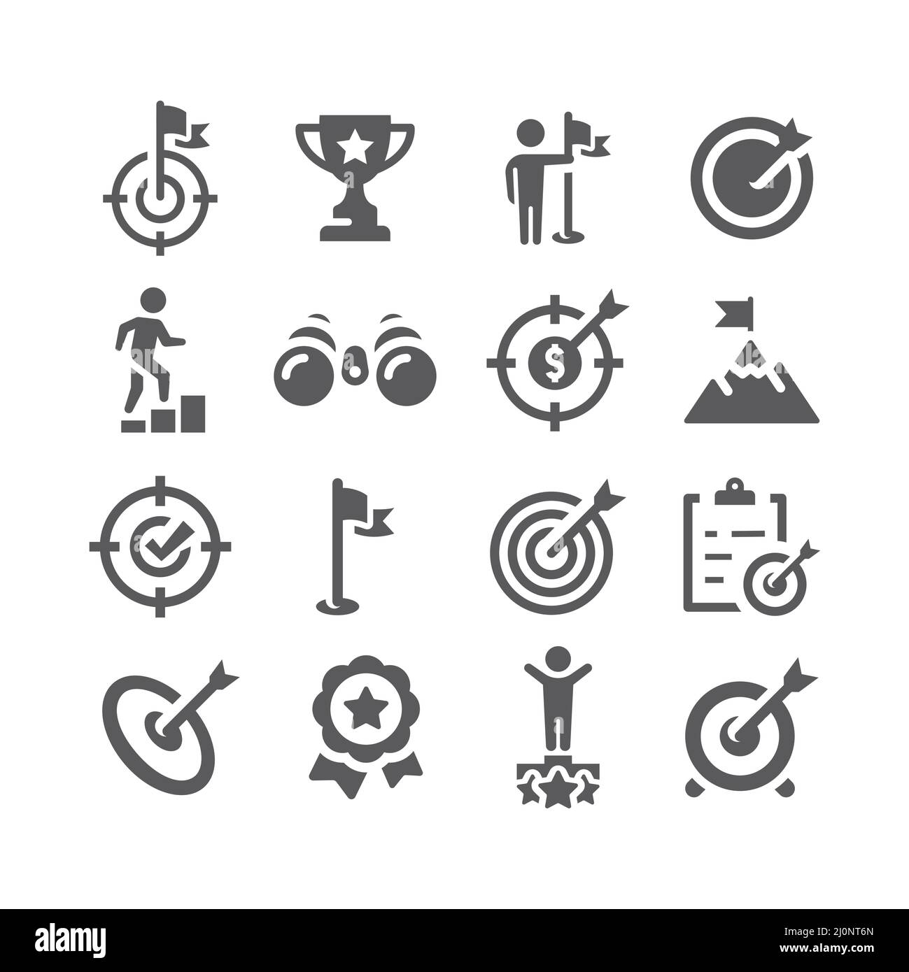 Set di icone per obiettivi aziendali e vettori di raggiungimento. Icone piene di picco, flag, target e freccia. Illustrazione Vettoriale