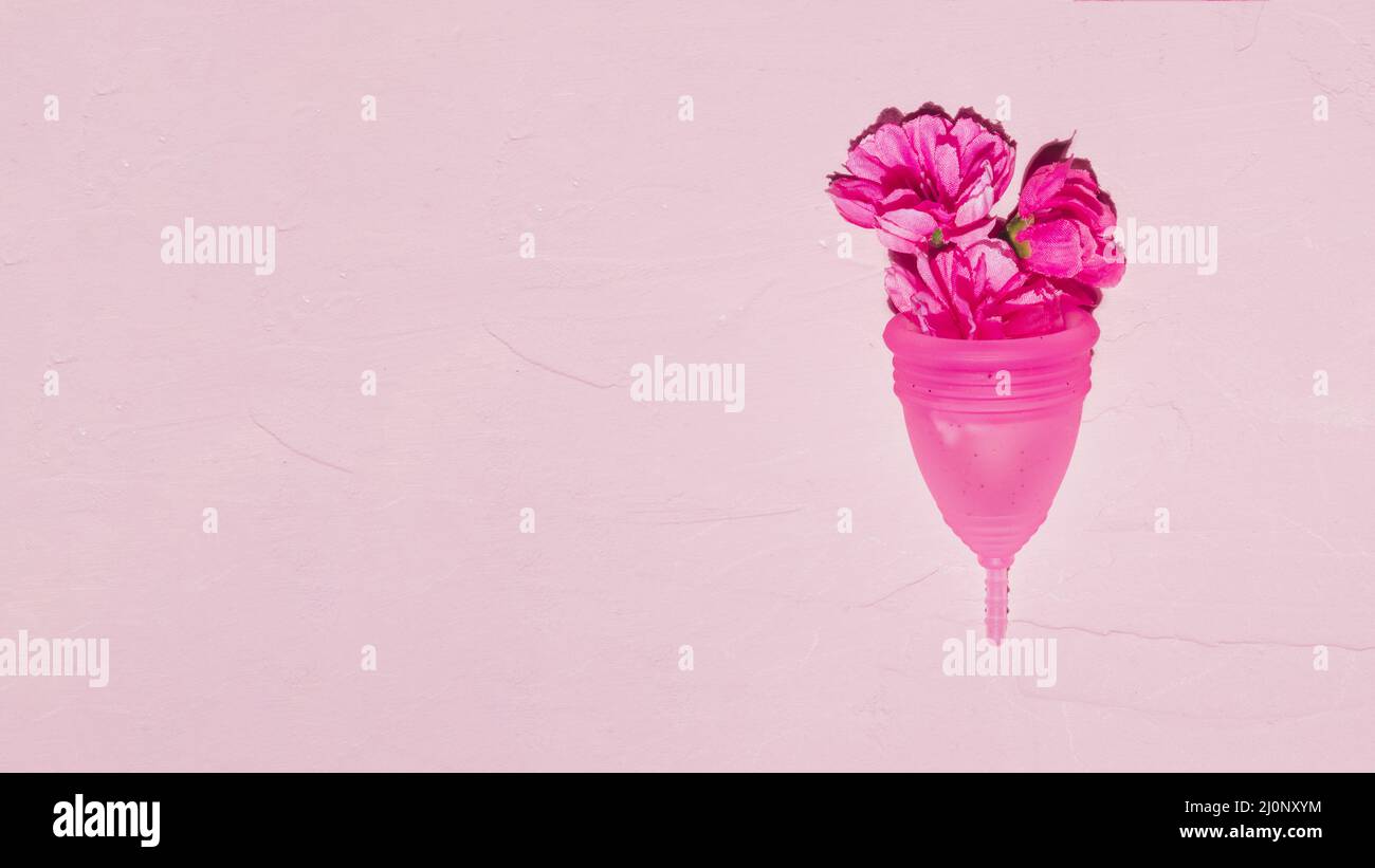 Vista dall'alto tazza mestruale con fiori. Alta qualità e risoluzione bellissimo concetto di foto Foto Stock