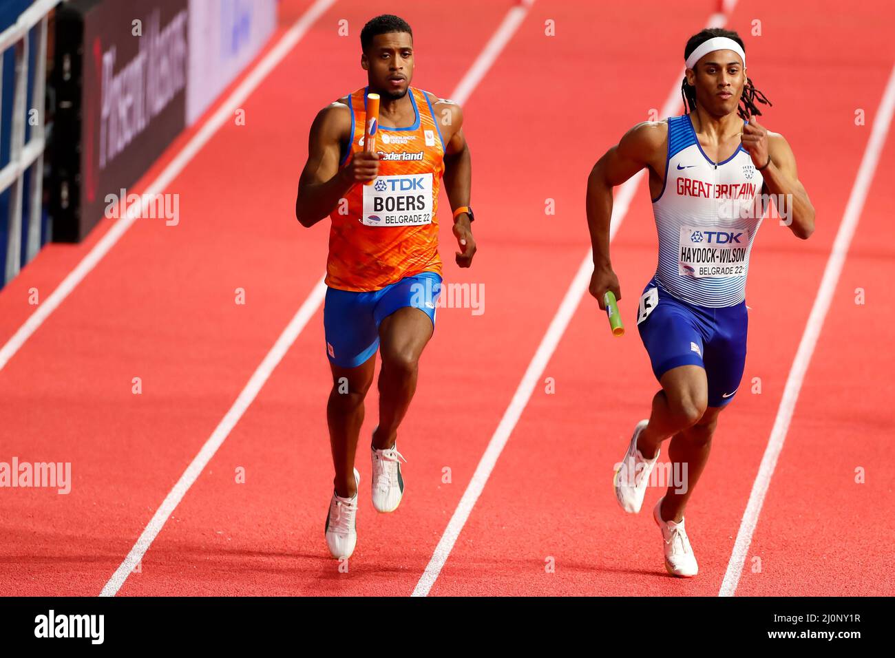 Belgrado, Serbia. 20th Mar 2022. BELGRADO, SERBIA - MARZO 20: Isayah Boers of the Netherlands in competizione nel calore maschile 4x400m 3 durante i Campionati mondiali di atletica indoor alla Belgrado Arena il 20 Marzo 2022 a Belgrado, Serbia (Foto di Nikola Krstic/Orange Pictures) Atletiekunie Credit: Orange Pics BV/Alamy Live News Foto Stock