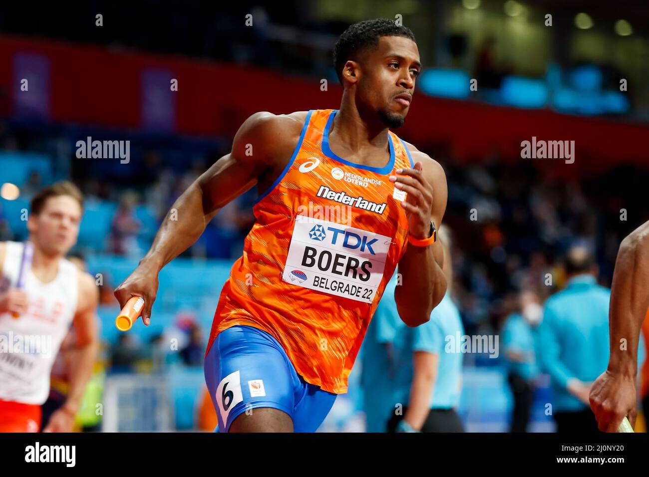 Belgrado, Serbia. 20th Mar 2022. BELGRADO, SERBIA - MARZO 20: Isayah Boers of the Netherlands in competizione nel calore maschile 4x400m 3 durante i Campionati mondiali di atletica indoor alla Belgrado Arena il 20 Marzo 2022 a Belgrado, Serbia (Foto di Nikola Krstic/Orange Pictures) Atletiekunie Credit: Orange Pics BV/Alamy Live News Foto Stock