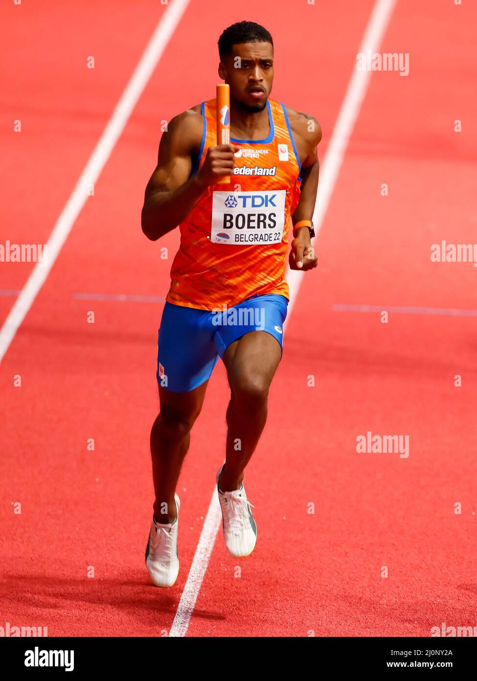 Belgrado, Serbia. 20th Mar 2022. BELGRADO, SERBIA - MARZO 20: Isayah Boers of the Netherlands in competizione nel calore maschile 4x400m 3 durante i Campionati mondiali di atletica indoor alla Belgrado Arena il 20 Marzo 2022 a Belgrado, Serbia (Foto di Nikola Krstic/Orange Pictures) Atletiekunie Credit: Orange Pics BV/Alamy Live News Foto Stock