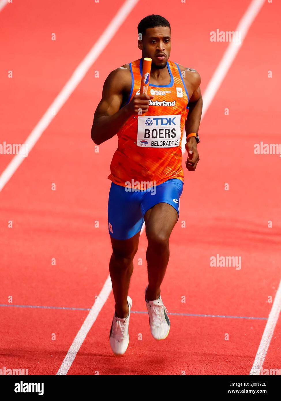 Belgrado, Serbia. 20th Mar 2022. BELGRADO, SERBIA - MARZO 20: Isayah Boers of the Netherlands in competizione nel calore maschile 4x400m 3 durante i Campionati mondiali di atletica indoor alla Belgrado Arena il 20 Marzo 2022 a Belgrado, Serbia (Foto di Nikola Krstic/Orange Pictures) Atletiekunie Credit: Orange Pics BV/Alamy Live News Foto Stock