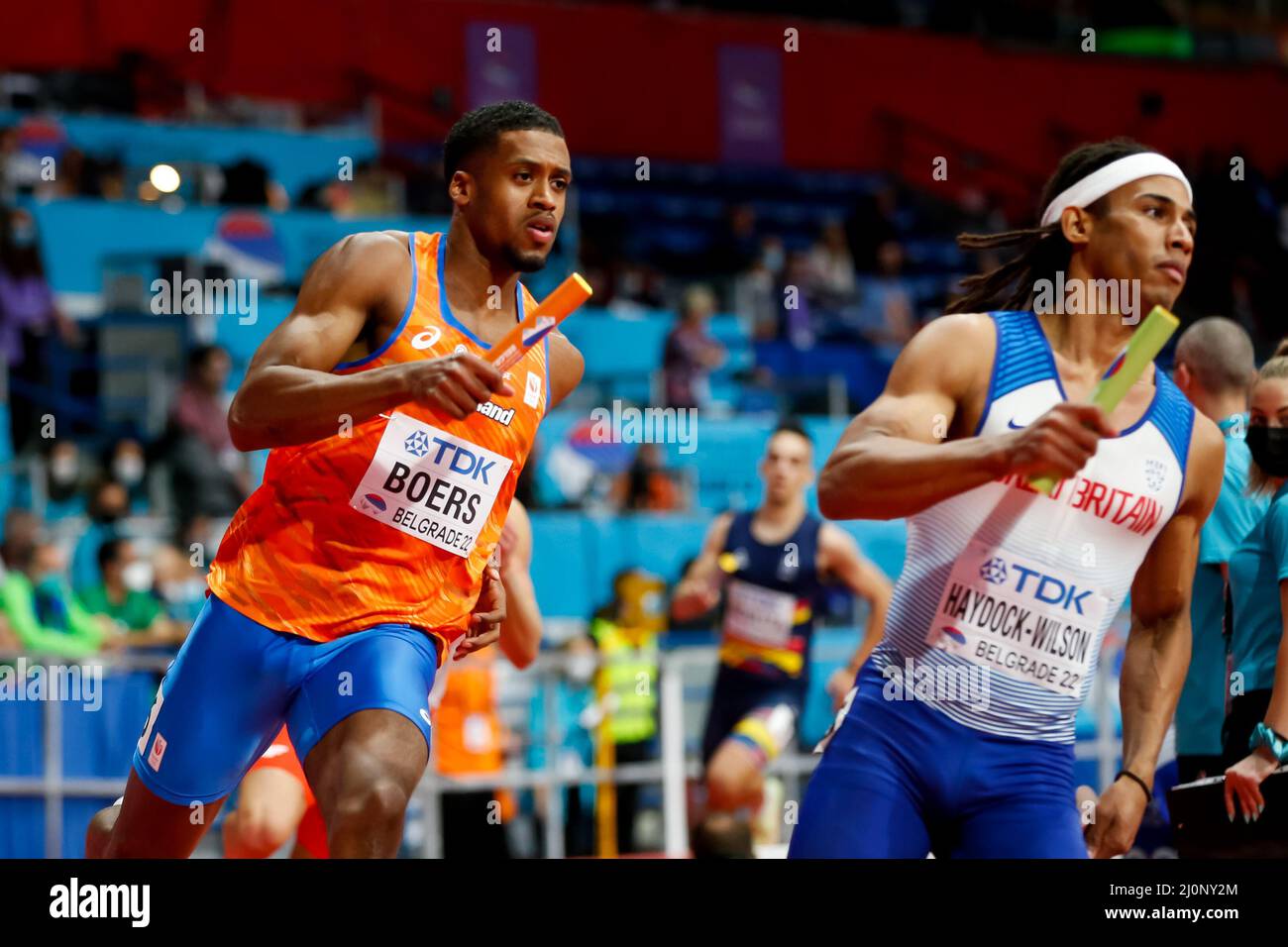 Belgrado, Serbia. 20th Mar 2022. BELGRADO, SERBIA - MARZO 20: Isayah Boers of the Netherlands in competizione nel calore maschile 4x400m 3 durante i Campionati mondiali di atletica indoor alla Belgrado Arena il 20 Marzo 2022 a Belgrado, Serbia (Foto di Nikola Krstic/Orange Pictures) Atletiekunie Credit: Orange Pics BV/Alamy Live News Foto Stock