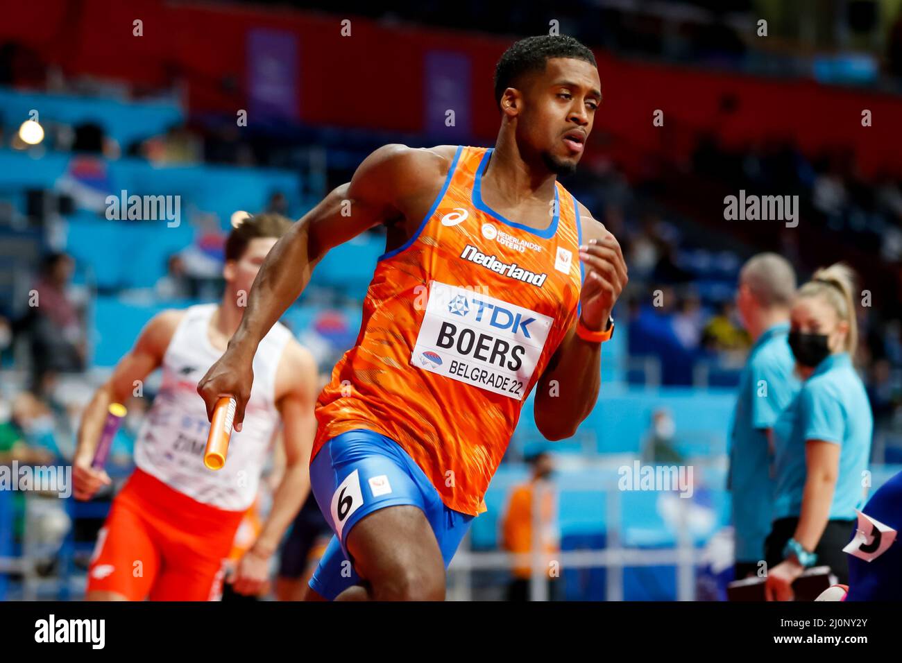 Belgrado, Serbia. 20th Mar 2022. BELGRADO, SERBIA - MARZO 20: Isayah Boers of the Netherlands in competizione nel calore maschile 4x400m 3 durante i Campionati mondiali di atletica indoor alla Belgrado Arena il 20 Marzo 2022 a Belgrado, Serbia (Foto di Nikola Krstic/Orange Pictures) Atletiekunie Credit: Orange Pics BV/Alamy Live News Foto Stock
