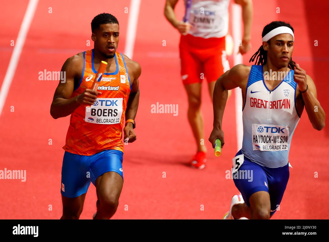 Belgrado, Serbia. 20th Mar 2022. BELGRADO, SERBIA - MARZO 20: Isayah Boers of the Netherlands in competizione nel calore maschile 4x400m 3 durante i Campionati mondiali di atletica indoor alla Belgrado Arena il 20 Marzo 2022 a Belgrado, Serbia (Foto di Nikola Krstic/Orange Pictures) Atletiekunie Credit: Orange Pics BV/Alamy Live News Foto Stock
