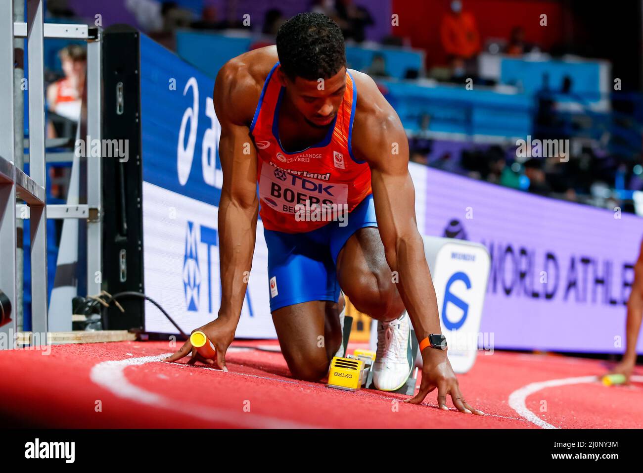 Belgrado, Serbia. 20th Mar 2022. BELGRADO, SERBIA - MARZO 20: Isayah Boers of the Netherlands in competizione nel calore maschile 4x400m 3 durante i Campionati mondiali di atletica indoor alla Belgrado Arena il 20 Marzo 2022 a Belgrado, Serbia (Foto di Nikola Krstic/Orange Pictures) Atletiekunie Credit: Orange Pics BV/Alamy Live News Foto Stock