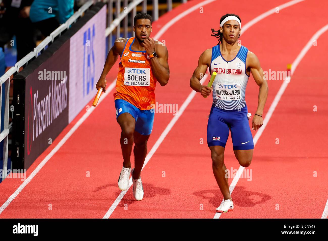 Belgrado, Serbia. 20th Mar 2022. BELGRADO, SERBIA - MARZO 20: Isayah Boers of the Netherlands in competizione nel calore maschile 4x400m 3 durante i Campionati mondiali di atletica indoor alla Belgrado Arena il 20 Marzo 2022 a Belgrado, Serbia (Foto di Nikola Krstic/Orange Pictures) Atletiekunie Credit: Orange Pics BV/Alamy Live News Foto Stock