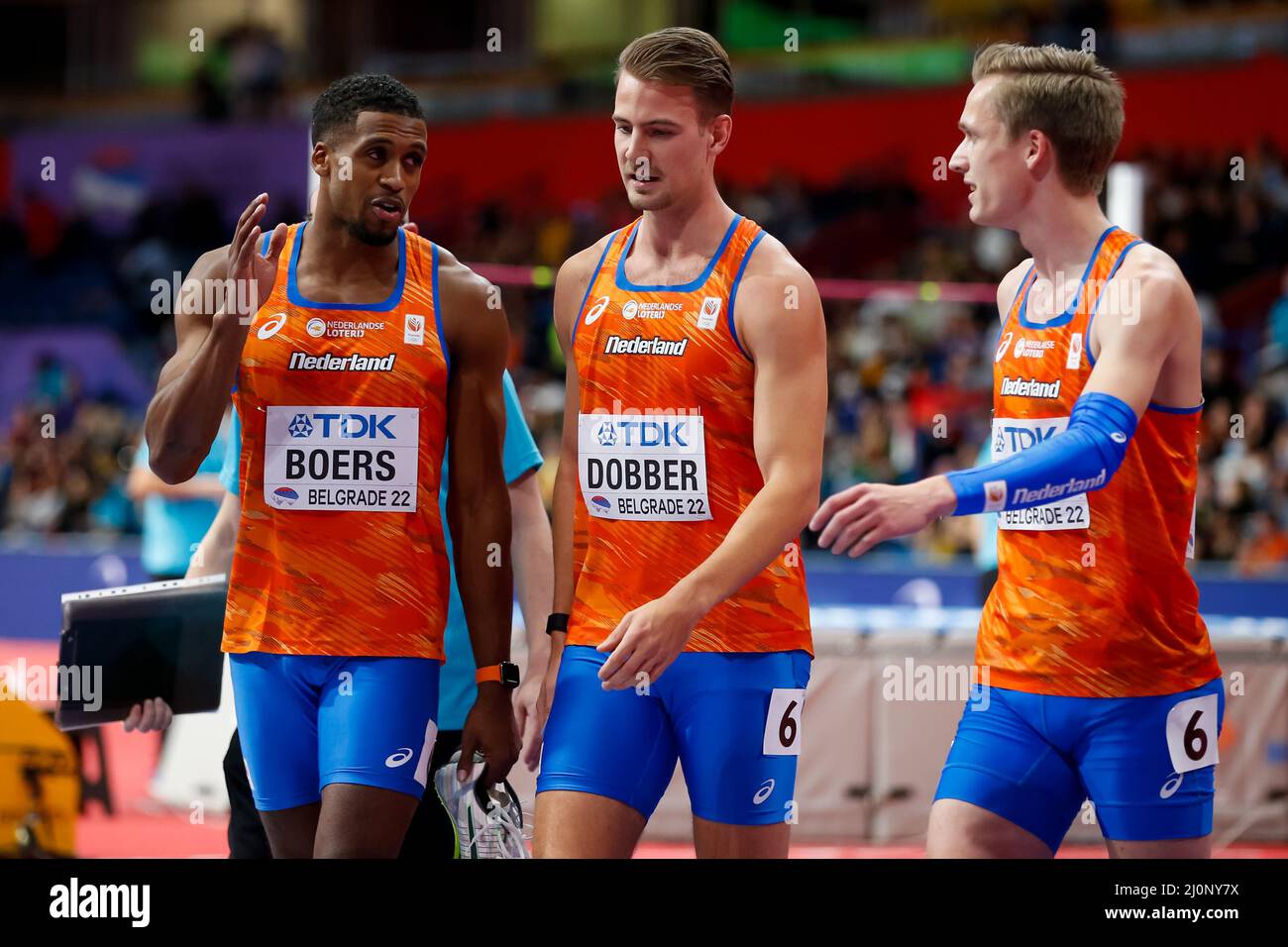 Belgrado, Serbia. 20th Mar 2022. BELGRADO, SERBIA - MARZO 20: Isayah Boers of the Netherlands Jochem Dobber of the Netherlands e Tony van Diepen of the Netherlands dopo aver gareggiato nel 3 heat 4x400m degli uomini durante i Campionati mondiali di atletica indoor all'Arena di Belgrado il 20 marzo 2022 a Belgrado, Serbia (Foto di Nikola Krstic/Orange Pictures) Atletiekunie Credit: Orange Pics BV/Alamy Live News Foto Stock