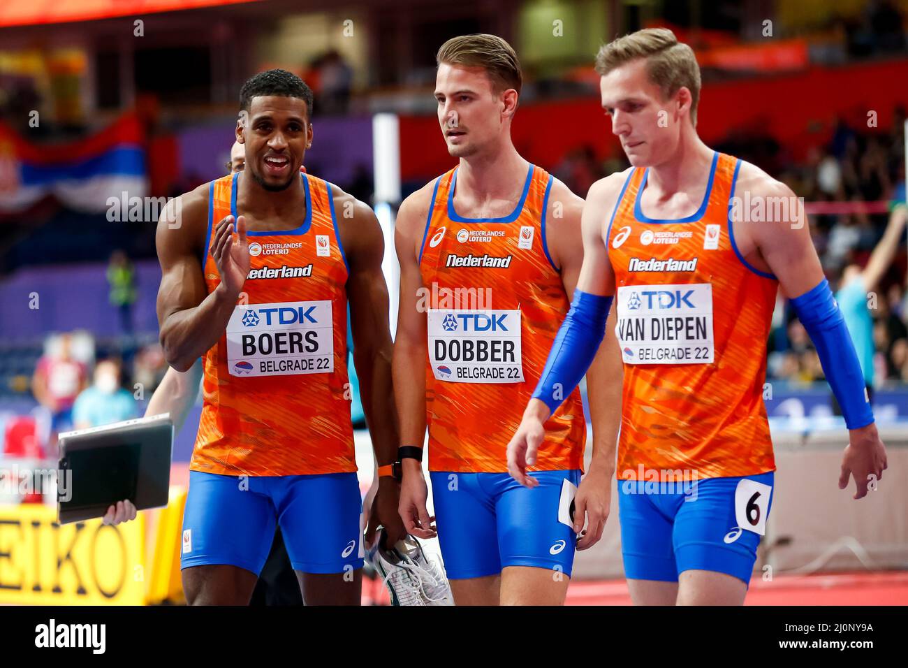 Belgrado, Serbia. 20th Mar 2022. BELGRADO, SERBIA - MARZO 20: Isayah Boers of the Netherlands Jochem Dobber of the Netherlands e Tony van Diepen of the Netherlands dopo aver gareggiato nel 3 heat 4x400m degli uomini durante i Campionati mondiali di atletica indoor all'Arena di Belgrado il 20 marzo 2022 a Belgrado, Serbia (Foto di Nikola Krstic/Orange Pictures) Atletiekunie Credit: Orange Pics BV/Alamy Live News Foto Stock