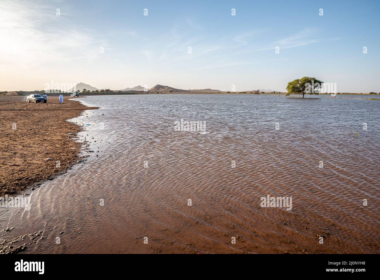 Paesaggio umido inusuale con un lago di livello basso in Mauritania Foto Stock