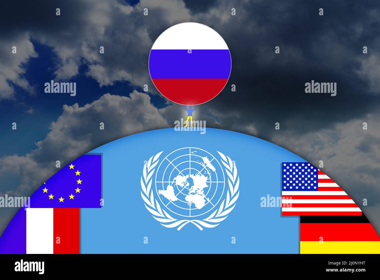 Ucraina guerra con invasione russa, raccolto di grano, Nazioni Unite ed Europa, bandiera, Pace dove, cuore, Foto Stock