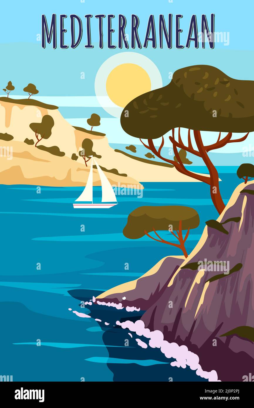Poster Mediterraneo, paesaggio mare vacanza Europa. Montagne, alberi,  porto, barca a vela, tramonto. Viaggio vacanza estate viaggio. Vettore  stile vintage Immagine e Vettoriale - Alamy