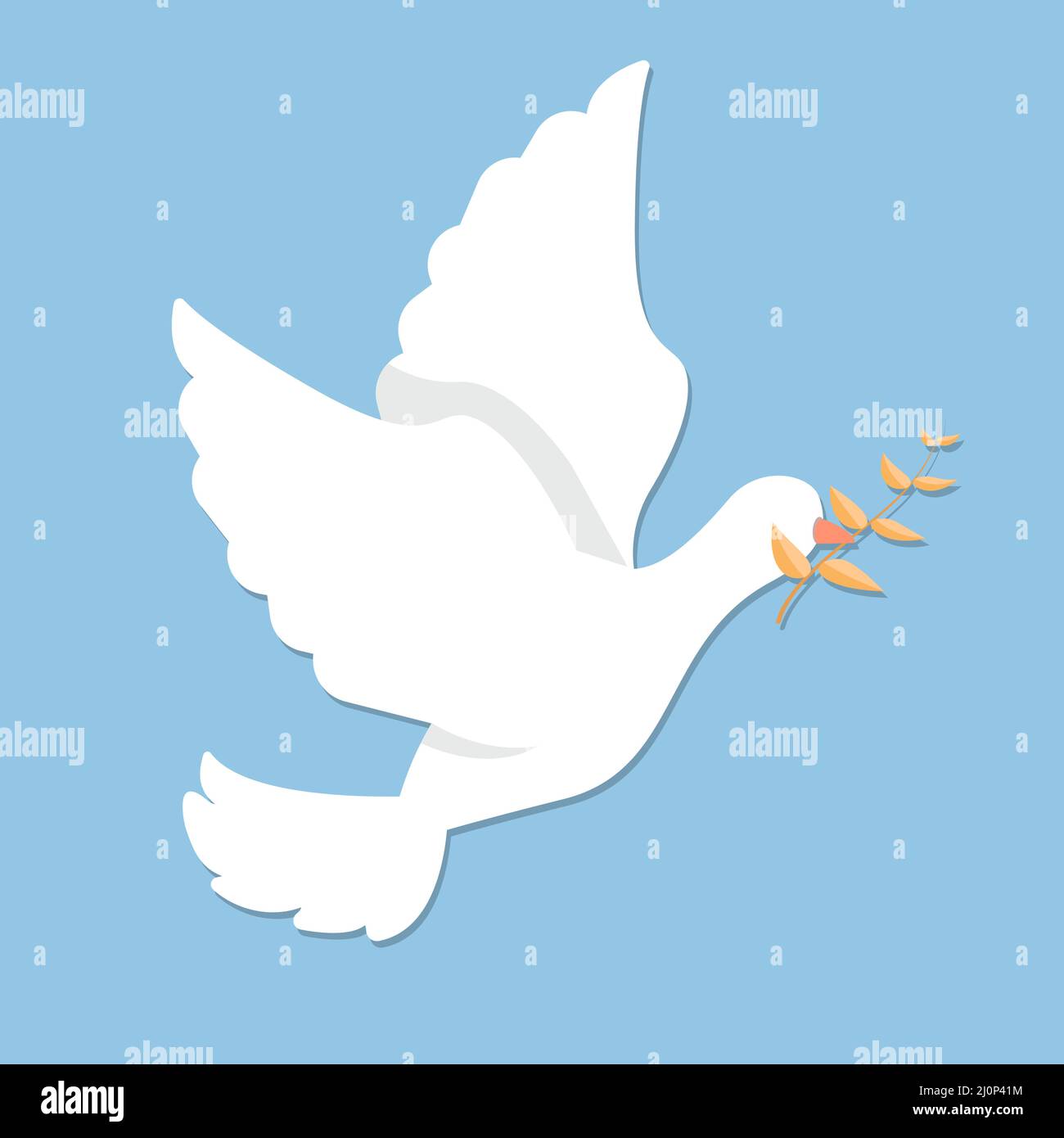 Pregate per l'Ucraina e fermatevi alla guerra. Colomba di pace volante con logo del ramo di oliva. Colomba pace simbolo. Illustrazione Vettoriale