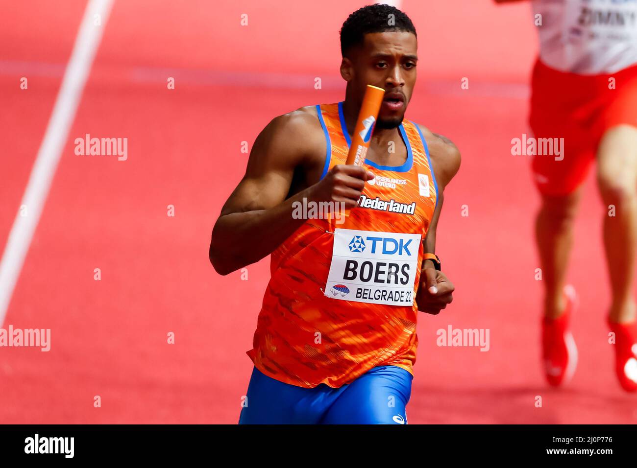 BELGRADO, SERBIA - MARZO 20: Isayah Boers dei Paesi Bassi che gareggiano nel calore maschile 4x400m 3 durante i Campionati mondiali di atletica indoor alla Belgrado Arena il 20 Marzo 2022 a Belgrado, Serbia (Foto di Nikola Krstic/Orange Pictures) Atletiekunie Foto Stock