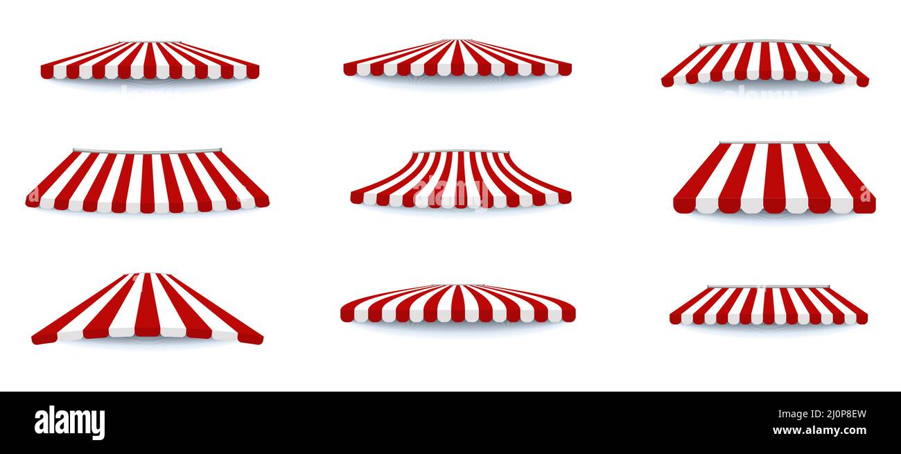 Canopie all'aperto rosso e bianco ombrello, per caffè e negozi finestre isolato set Illustrazione Vettoriale