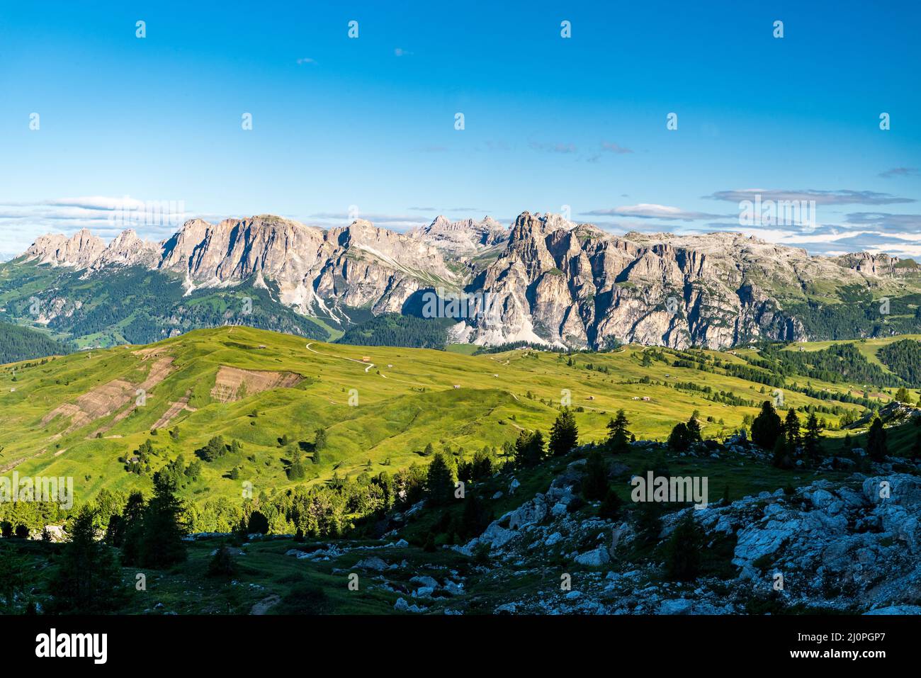 Altopiano di Pralongia con cime rocciose sullo sfondo dal below picco di Setsass nelle Dolomiti durante la bella mattinata estiva Foto Stock