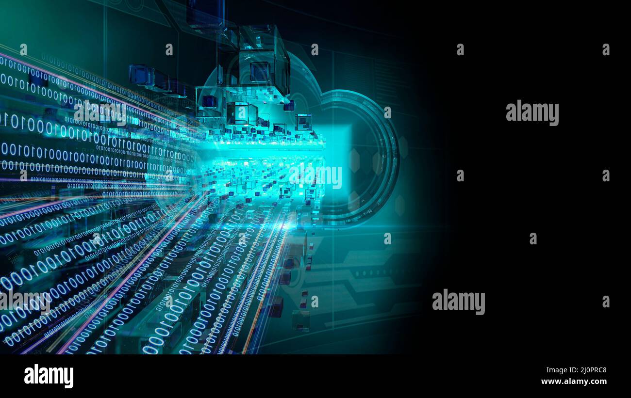 Flusso di dati con cloud, trasformazione dei dati, big data, iot, Internet delle cose, futuro Foto Stock