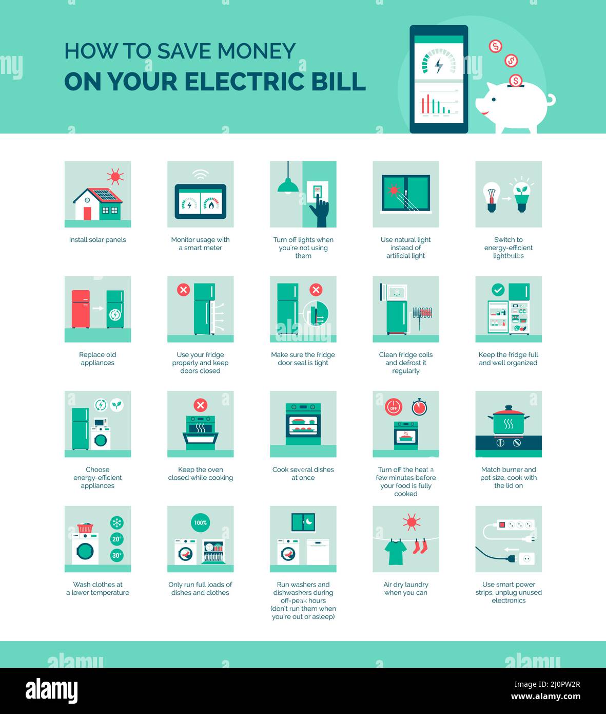 Come risparmiare denaro sulla bolletta elettrica, risparmiare energia e ridurre i costi delle utenze Illustrazione Vettoriale