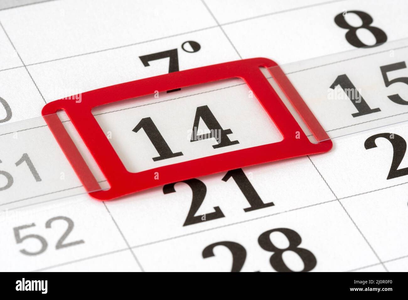 Calendario con contrassegno rosso su 14th Foto Stock