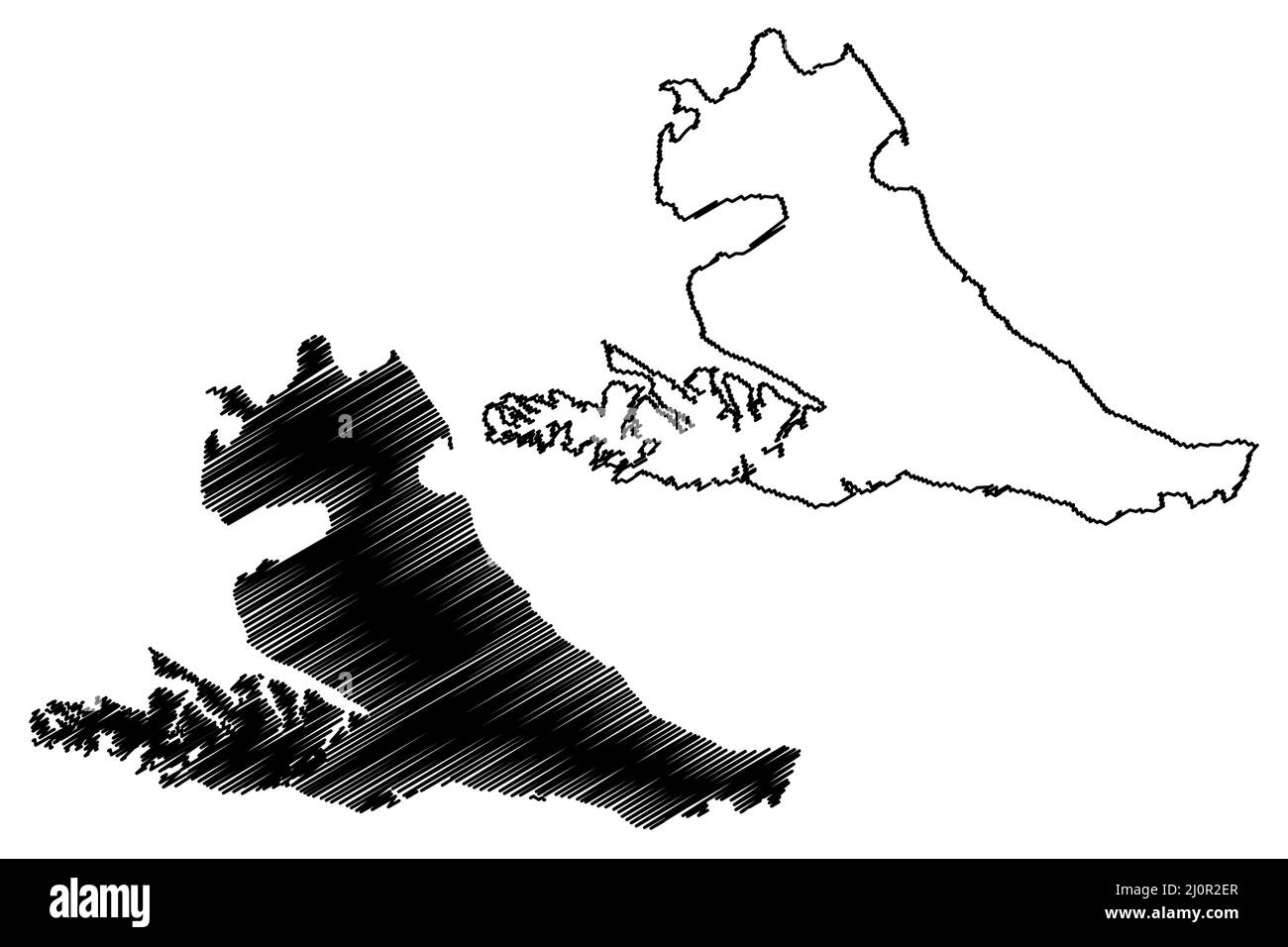 Isola di Isla Grande de Tierra del Fuego (Repubblica Argentina, Repubblica del Cile, Sud e America Latina) mappa vettoriale illustrazione, scrimble sketch map Illustrazione Vettoriale