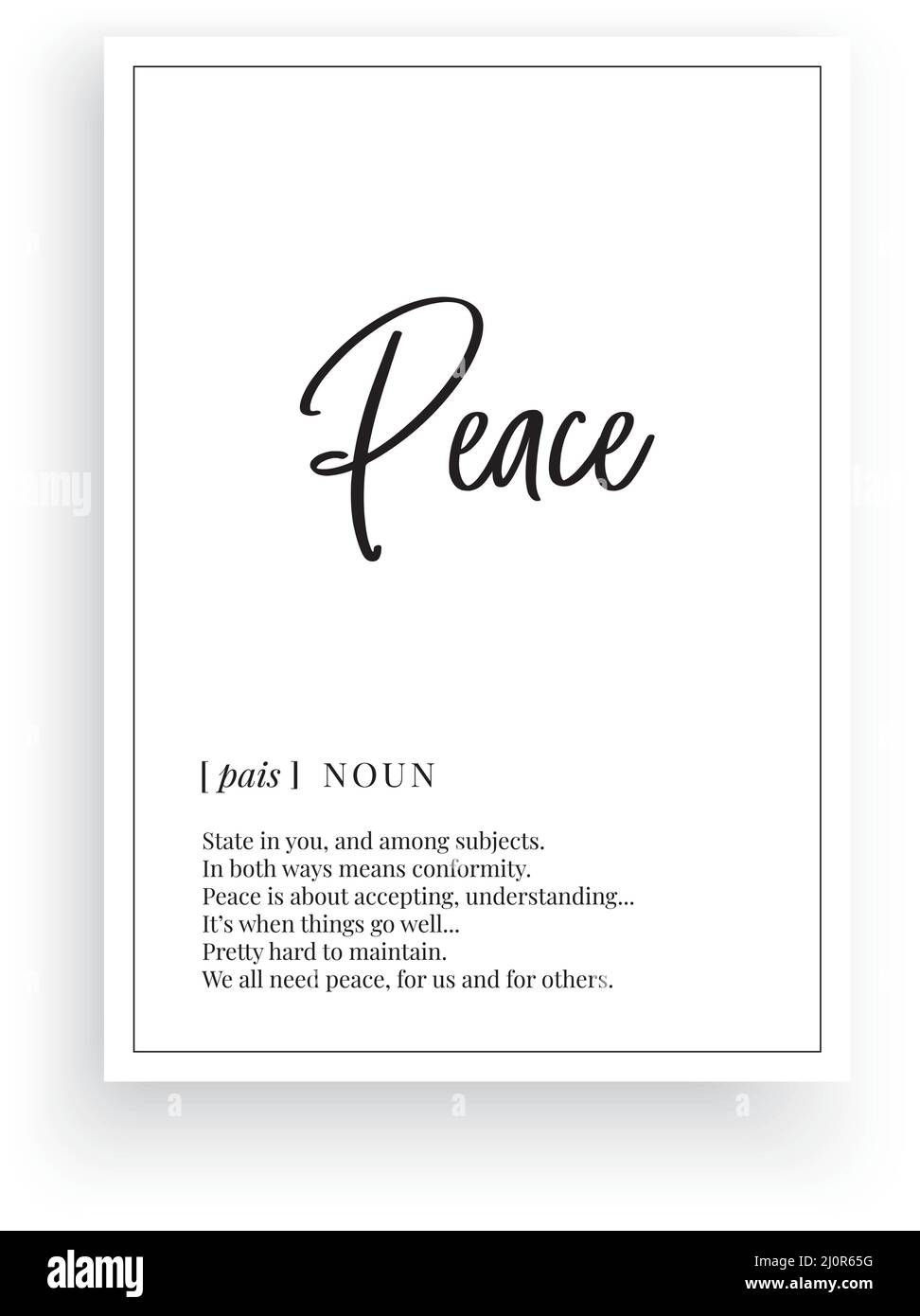 Definizione di pace, vettore. Design minimalista a baldacchino. Decalcomanie parete, descrizione peace noun. Design di testo isolato su sfondo bianco, lettere Illustrazione Vettoriale