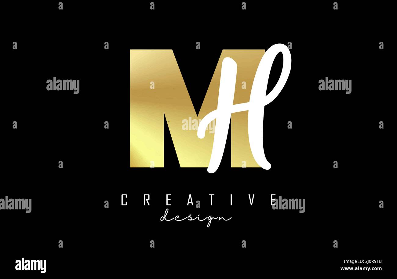 Logo Golden Letters MH dal design minimalista. Lettere M e H con tipografia geometrica e manoscritta. Illustrazione di Creative Vector con lettere. Illustrazione Vettoriale