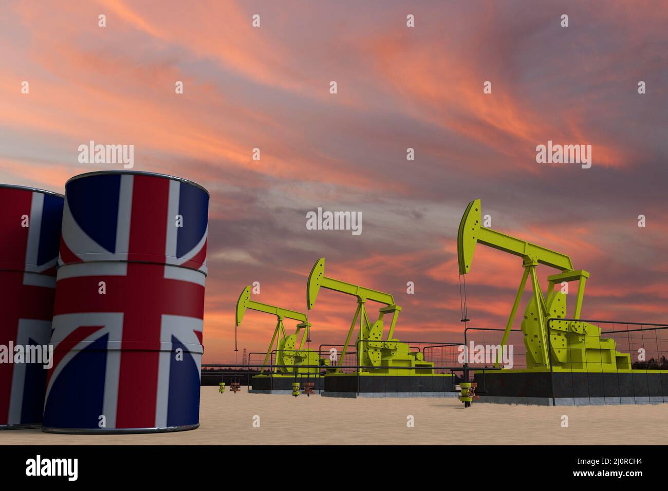 Estrazione dell'olio di Pumpjack piacevole e cielo nuvoloso al tramonto con la bandiera del REGNO Unito UUNITED su petrolio barili 3D rendering Foto Stock