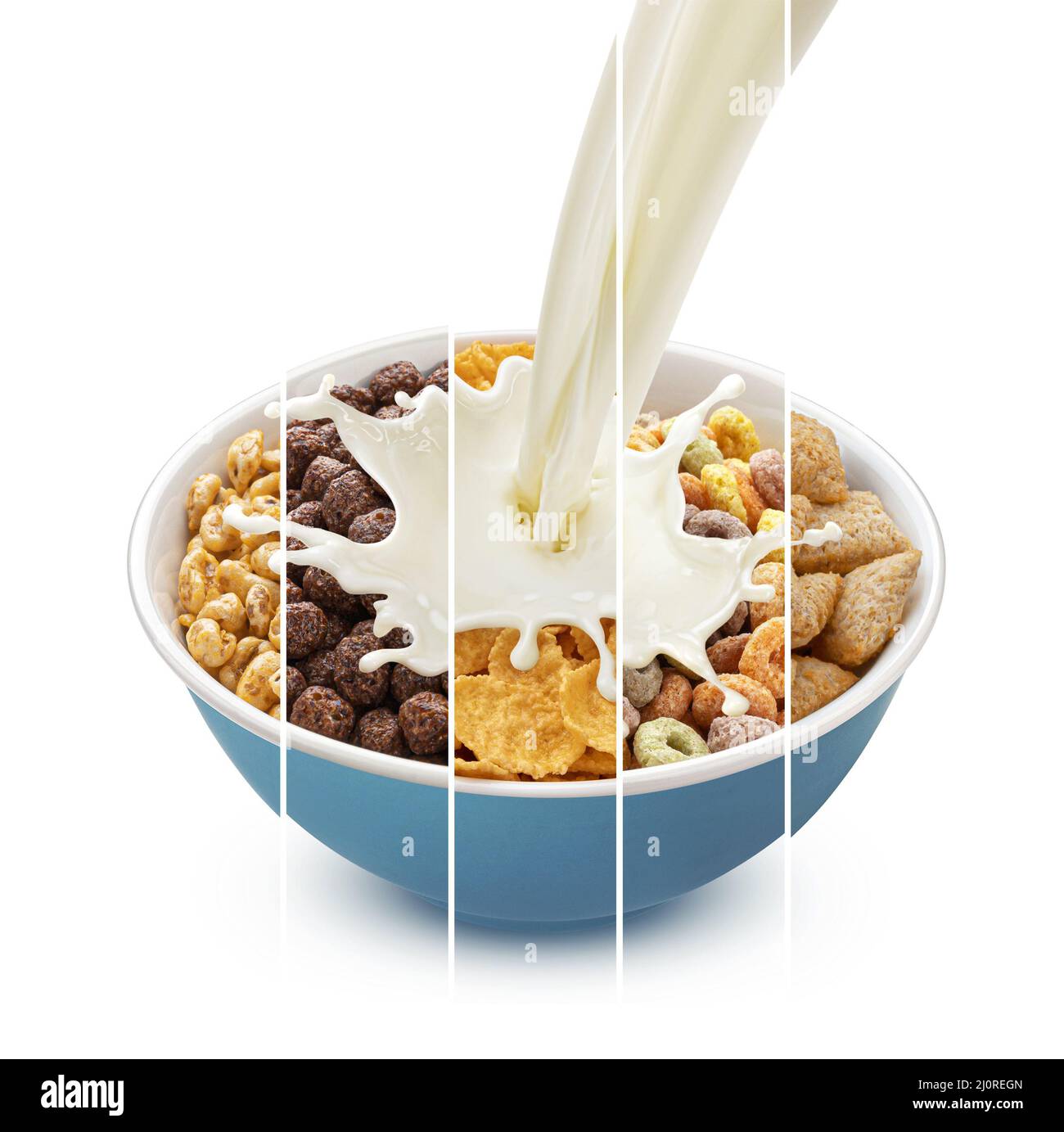 Collage per la colazione a base di cereali, granola e fiocchi di mais con latte in pezzatura Foto Stock