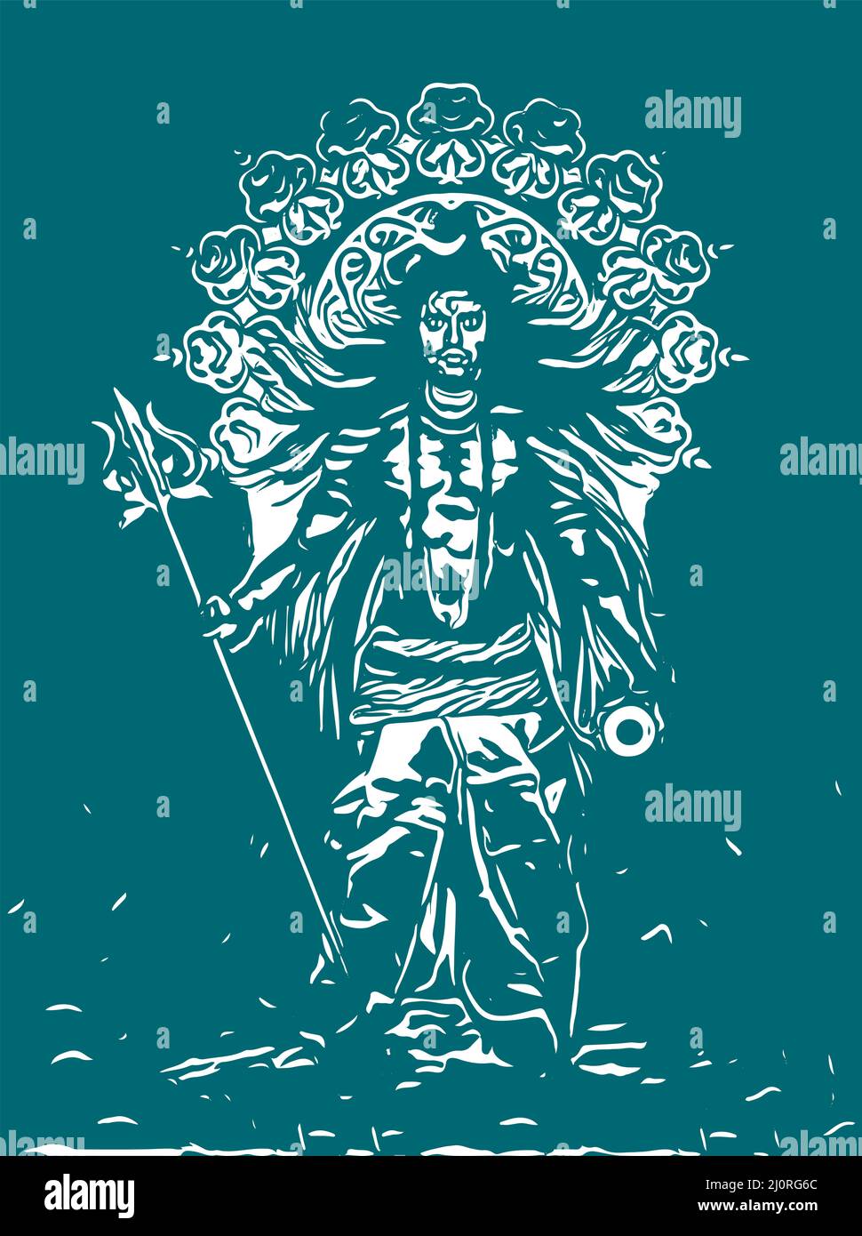 Illustrazione verticale della silhouette di Lord Shiva e dei suoi simboli in verde e bianco Foto Stock