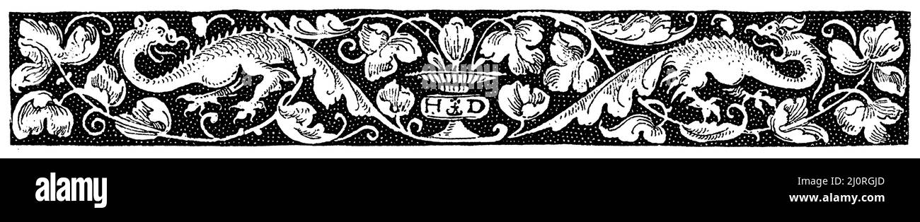 Ornamento del libro del 15th secolo. Facsimile di un'incisione di Daniel Hopfer (c. 1500), , Hopfer, Daniel (libro di storia culturale, 1893), Bücher-Ornamentik des 15. Jahrhunderts. Faksimile eines Kupferstiches von Daniel Hopfer (um 1500), Ornementation de livres du 15e siècle. FAC-similé d'une gravure sur cuivre de Daniel Hopfer (vers 1500). Foto Stock