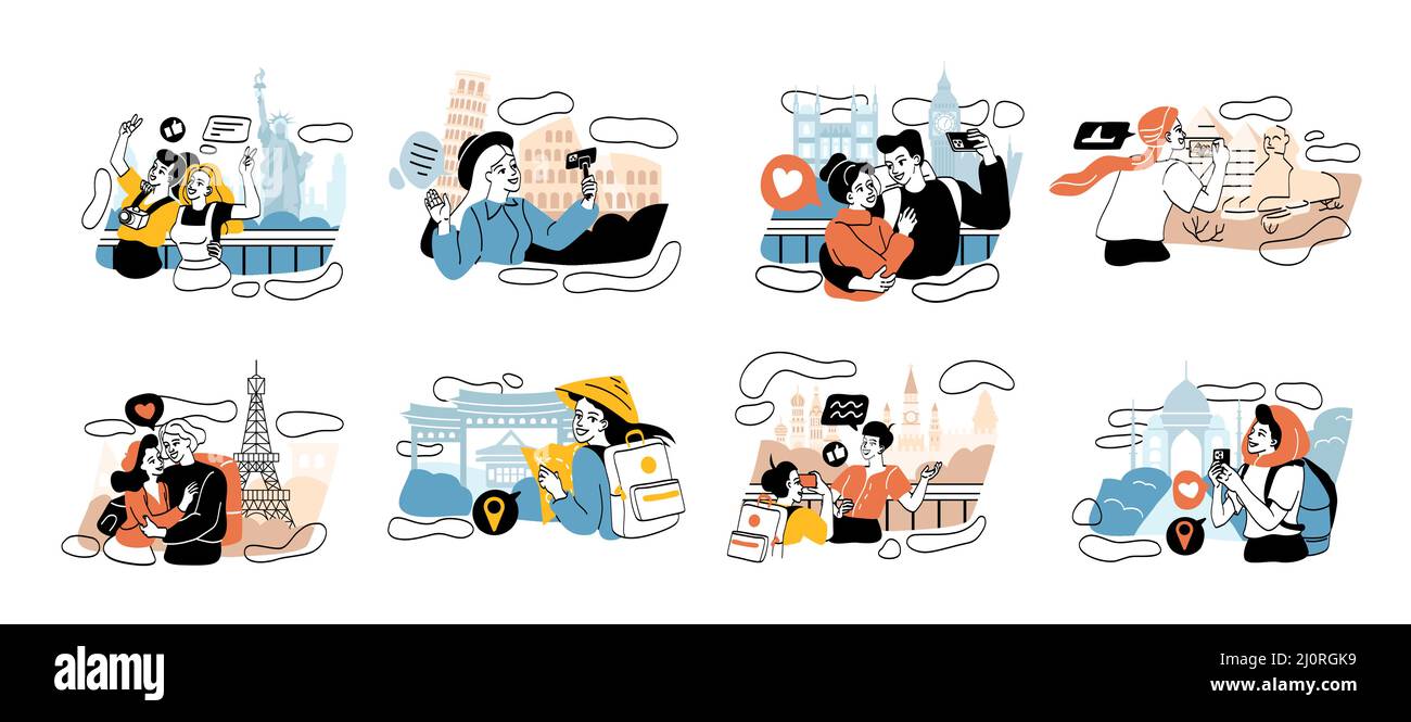 Gruppo di persone in viaggio che visitano i famosi monumenti e attrazioni della città Illustrazione Vettoriale