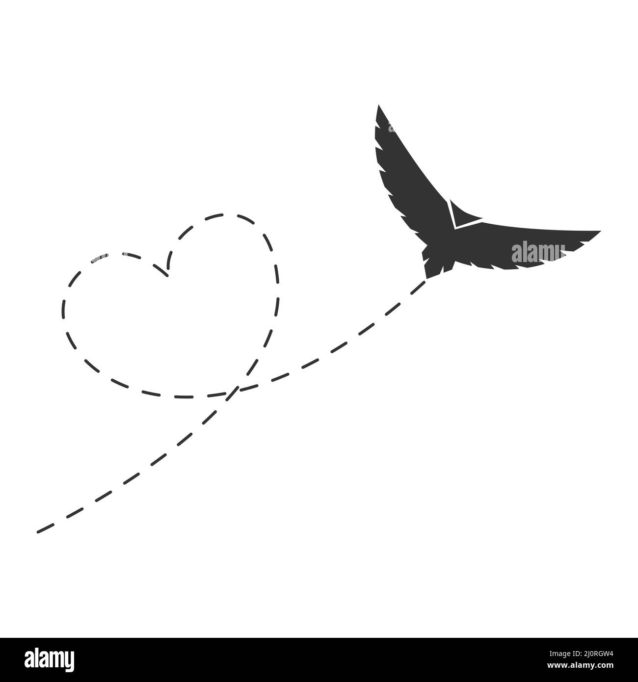 Volo di uccello nero su un percorso punteggiato a forma di cuore. Illustrazione vettoriale isolata su bianco. Illustrazione Vettoriale