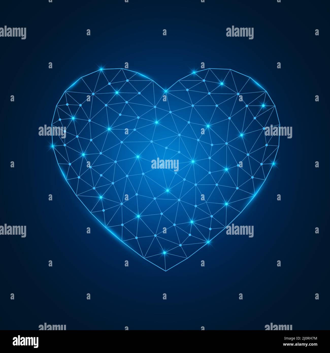 Forma del cuore con punti collegati a basso flusso di poli. Simbolo del cuore futuristico con forme triangolari blu. Illustrazione Vettoriale