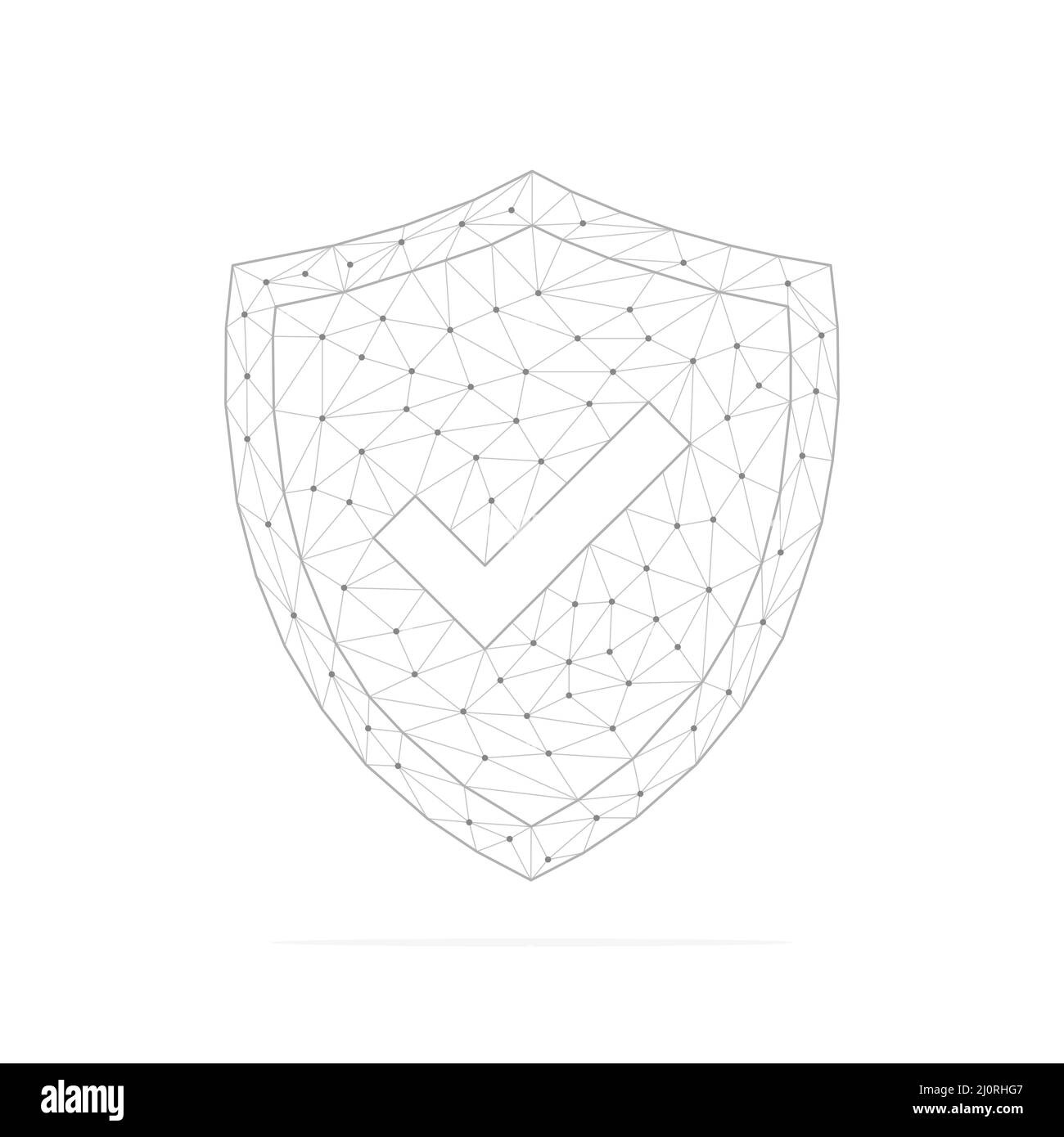 Protezione di sicurezza poligonale bassa con segno di spunta grigio. Segno antivirus con punti e linee di connessione. Illustrazione Vettoriale