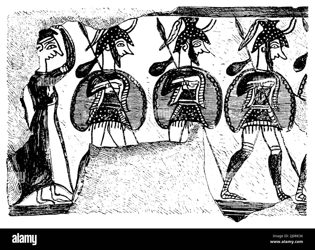 I guerrieri si allontanano da un vaso miceneo. (Perrot.), , (libro di storia dell'arte, 1904), Ausziehende Krieger von einer mykenischen Vase. (Perrot.), Guerriers Sortant d'un vase mycénien. (Perrot.) Foto Stock