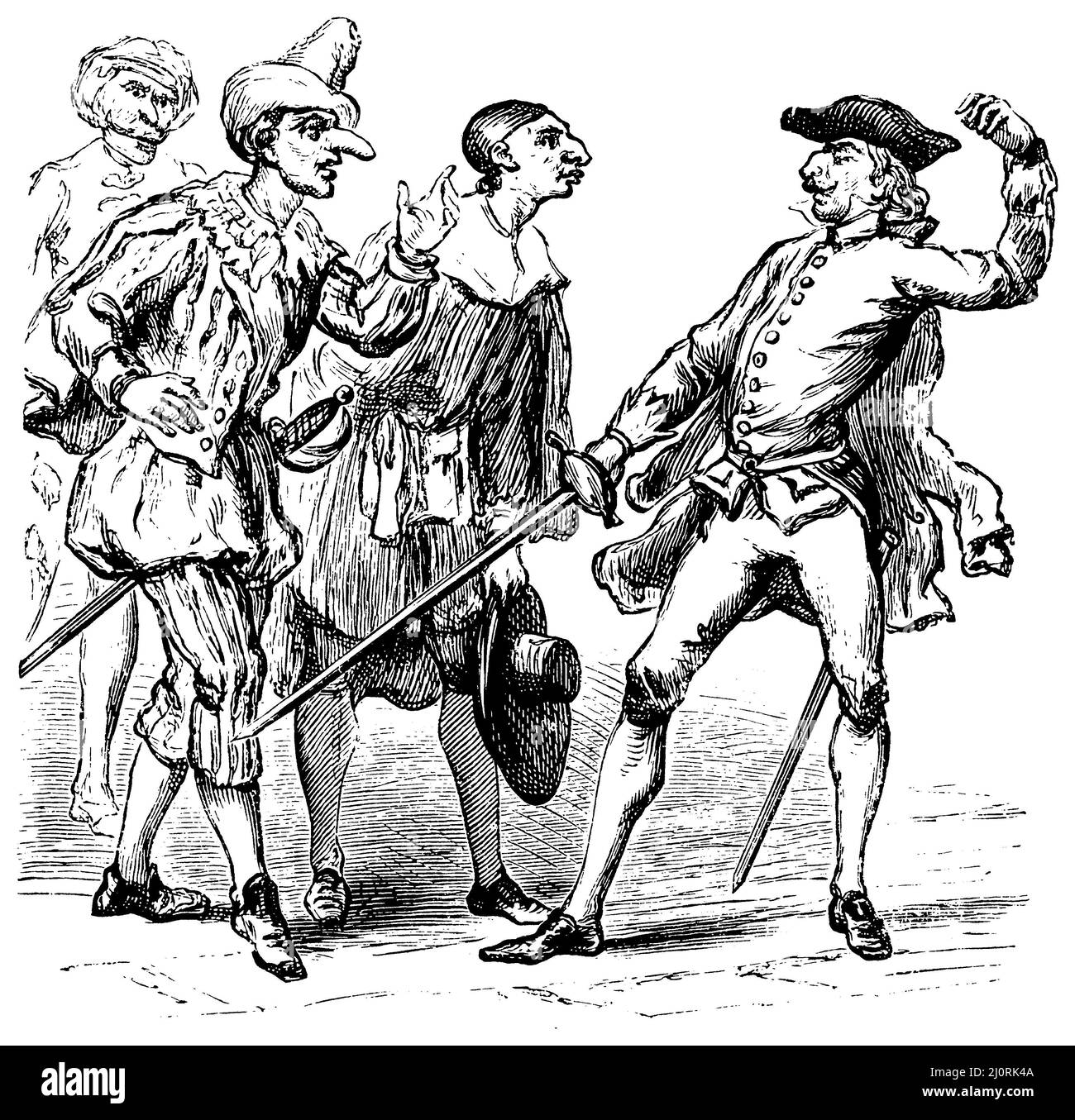 Quattro personaggi principali della commedia popolare italiana: Dottore, Pantalone, Arlecchino e Scarmuzza. Dopo un'antica incisione italiana, , (libro di storia letteraria, 1895), Vier Hauptcharaktere der italienischen Volkskomödie: Dottore, Pantalone, Arlecchino und Scarmude. Nach einem alten italienischen Stich, Quatre personnages principaux de la comédie populaire italienne : Dottore, Pantalone, Arlecchino et Scarmuzza. D'après une ancienne gravure italienne Foto Stock