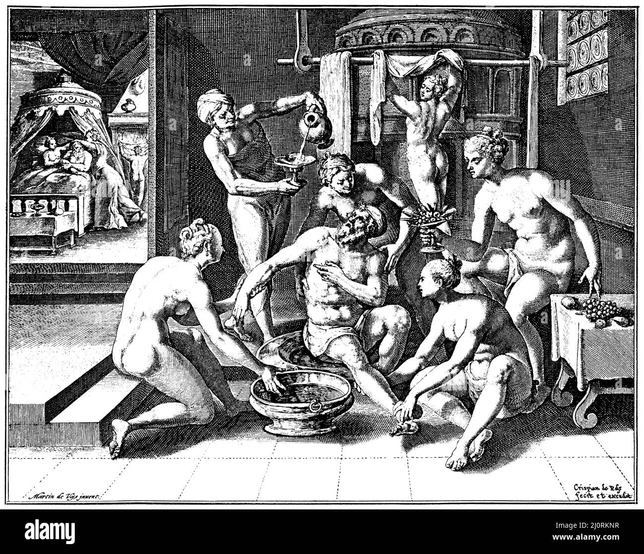 La cura di ringiovanimento. Incisione di Crispin de Passe dopo Martin de Vos. Intorno al 1600, , Kupferstich von Crispin de Passe nach Martin de Vos (libro di storia culturale, 1909), Die Verjüngungskur. Kupferstich von Crispin de Passe nach Martin de Vos. Um 1600, la cura de rajeunissement. Gravure sur cuivre de Crispin de Passe d'après Martin de Vos. Vers 1600 Foto Stock