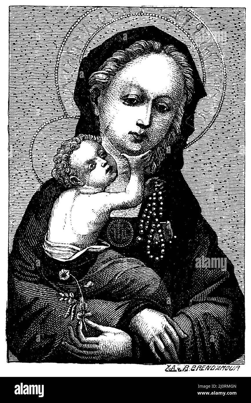 Madonna con il fiore del fagiolo. Museo di Colonia, , Brendamour (libro di storia dell'arte, 1887), Madonna mit der Bohnenblüte. Museo Kölnisches, Vierge à la fleur de haricot. Museo di Colonia Foto Stock
