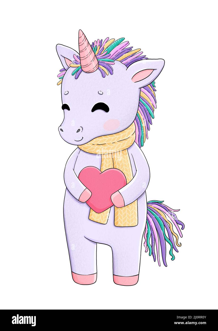 Simpatico unicorno lilla con cuore rosa Foto Stock