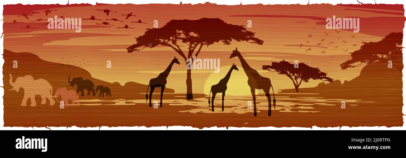 Savana paesaggio africano al tramonto, silhouette di animali e piante, natura dell'Africa. Riserve e parchi nazionali, vettore batik background Illustrazione Vettoriale