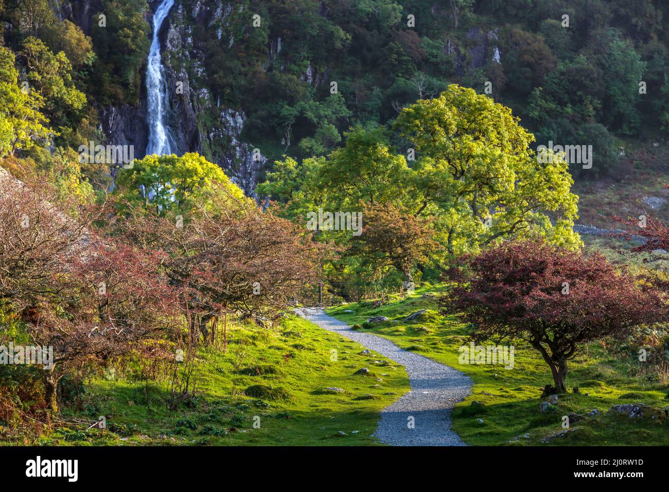 Sentiero di ghiaia che porta alle Cascate Aber in Galles Foto Stock