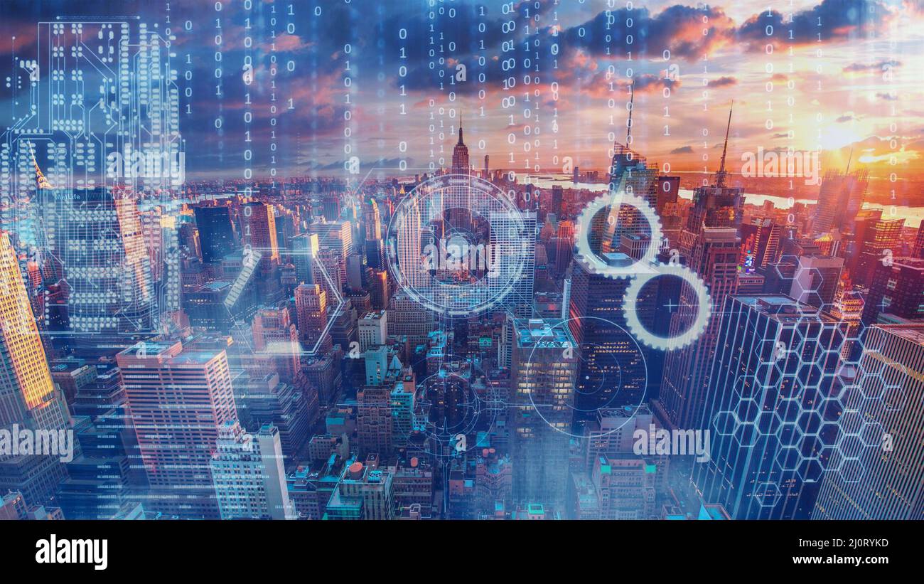 Città intelligente con flusso di dati, futuristico, concetto di trasformazione dei dati Foto Stock