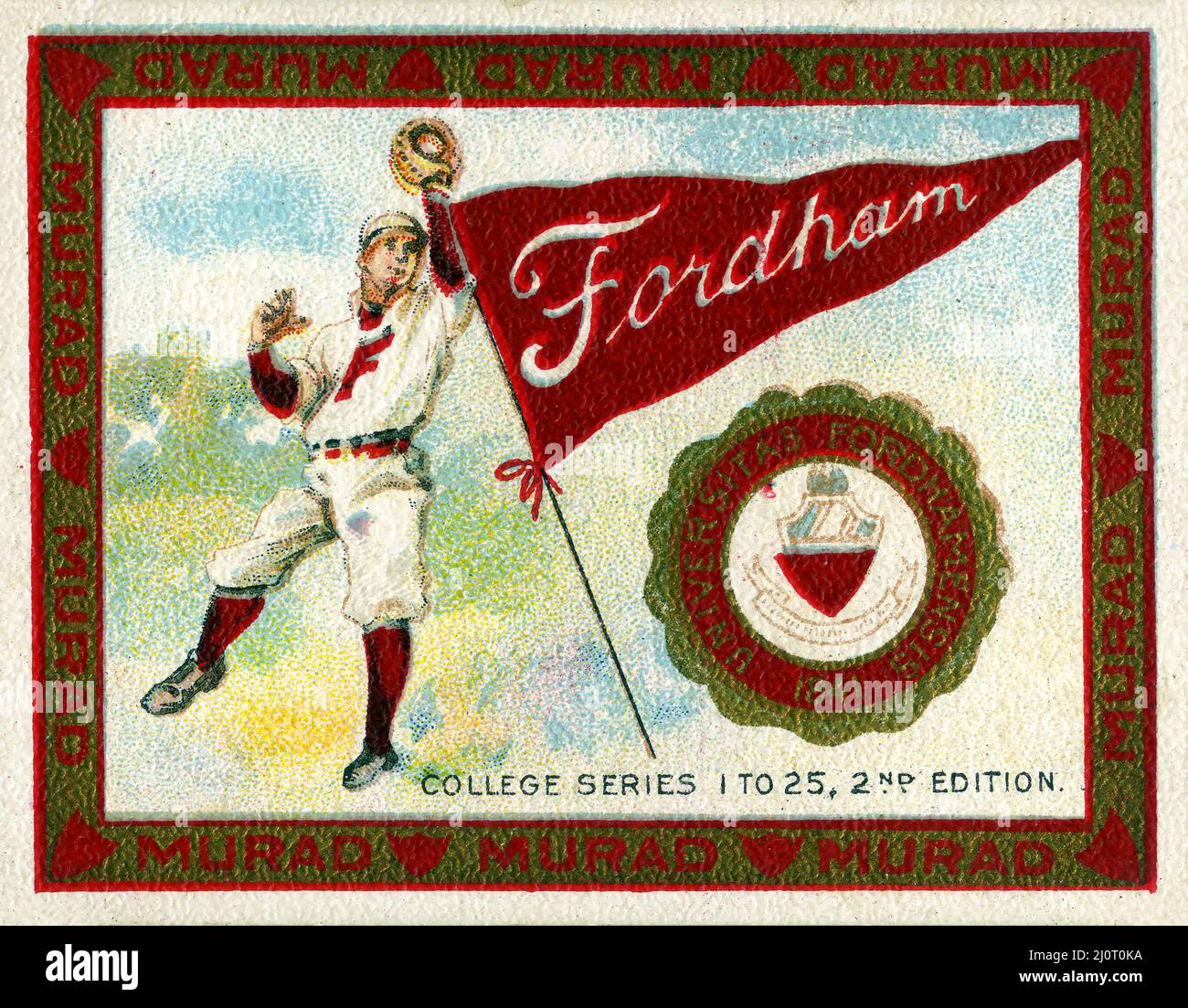 Murad Tobacco Card della College Series raffigurante un giocatore di baseball della Fordham University all'inizio del 1900s. Foto Stock