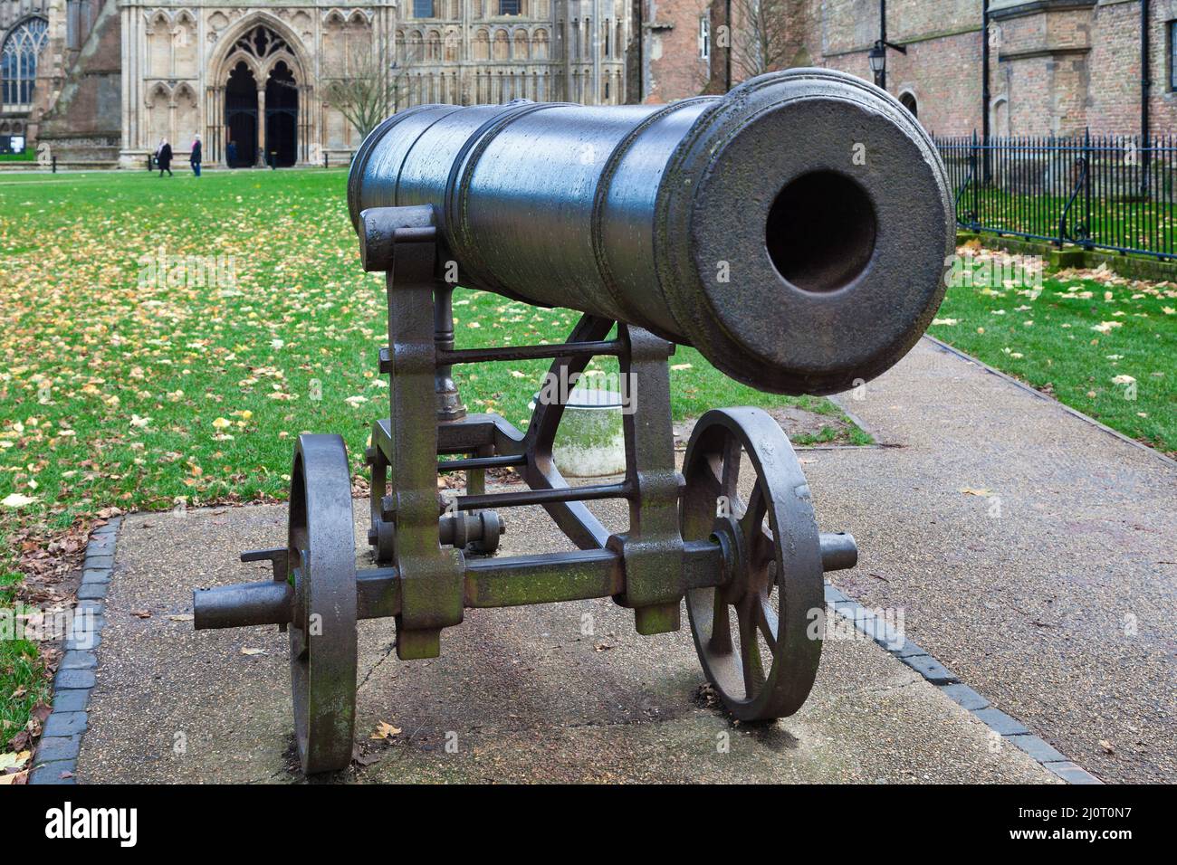 ELY, CAMBRIDGESHIRE, Regno Unito - NOVEMBRE 22 : Cannon fuori dalla Cattedrale di Ely il 22 Novembre 2012. Tre persone non identificate Foto Stock