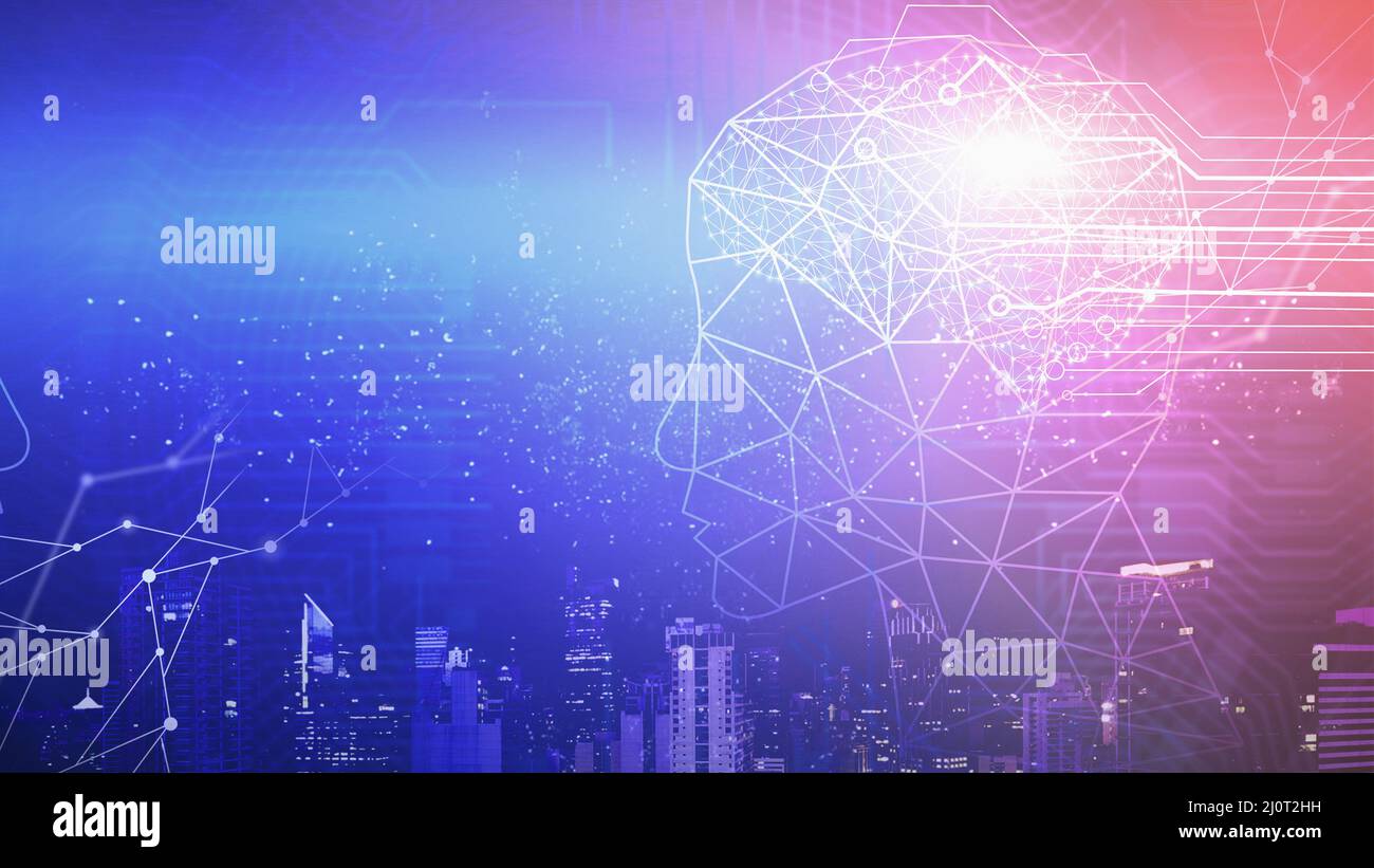 Cervello futuristico incentrato sui dati delle città intelligenti, sull'analisi dei dati, sul concetto di intelligenza artificiale Foto Stock